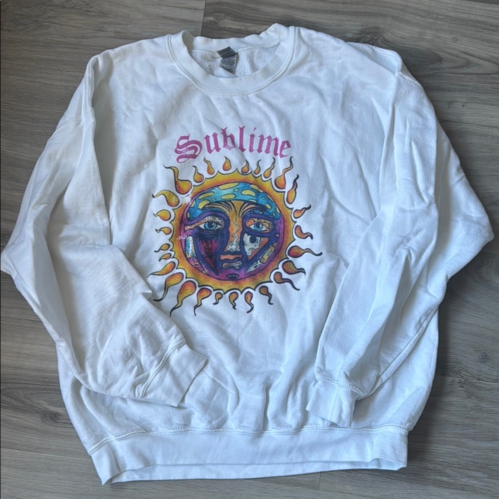 White Crewneck Sweater with Colorful Sun Graphic